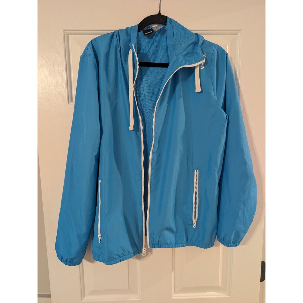 Reebok Women's Blue Hooded Windbreaker Jacket Size L Full Zip